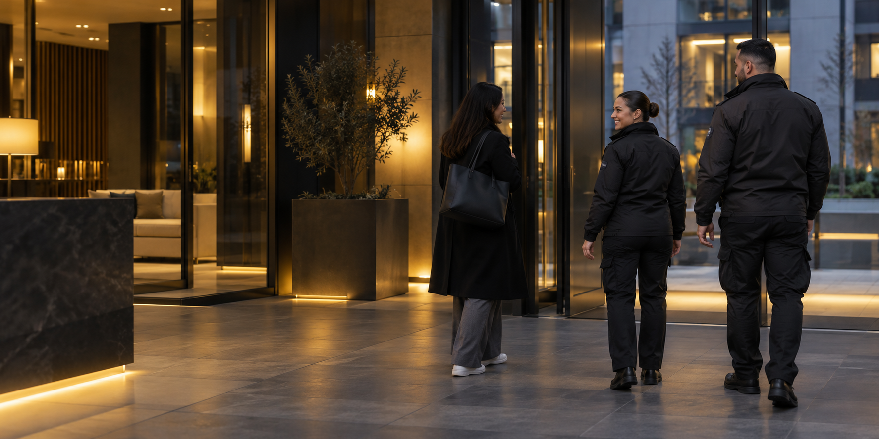 SABK-style security officers providing a welcoming presence at a residential entrance