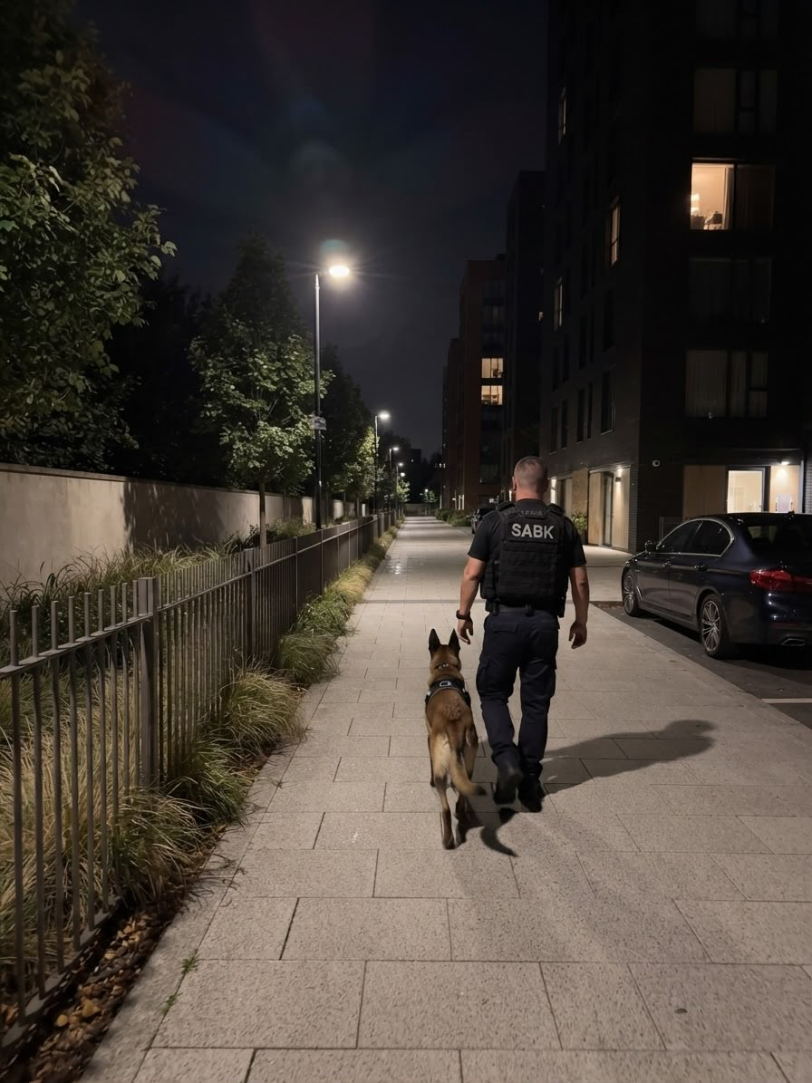 SABK dog handler on a night-time patrol