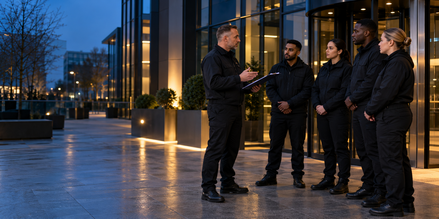 Security team receiving a pre-shift briefing outside a commercial building